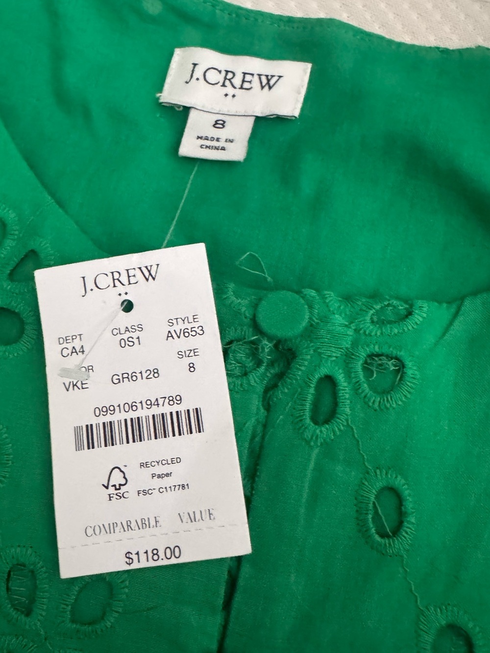J. Crew Bright Green Eyelet Button Top